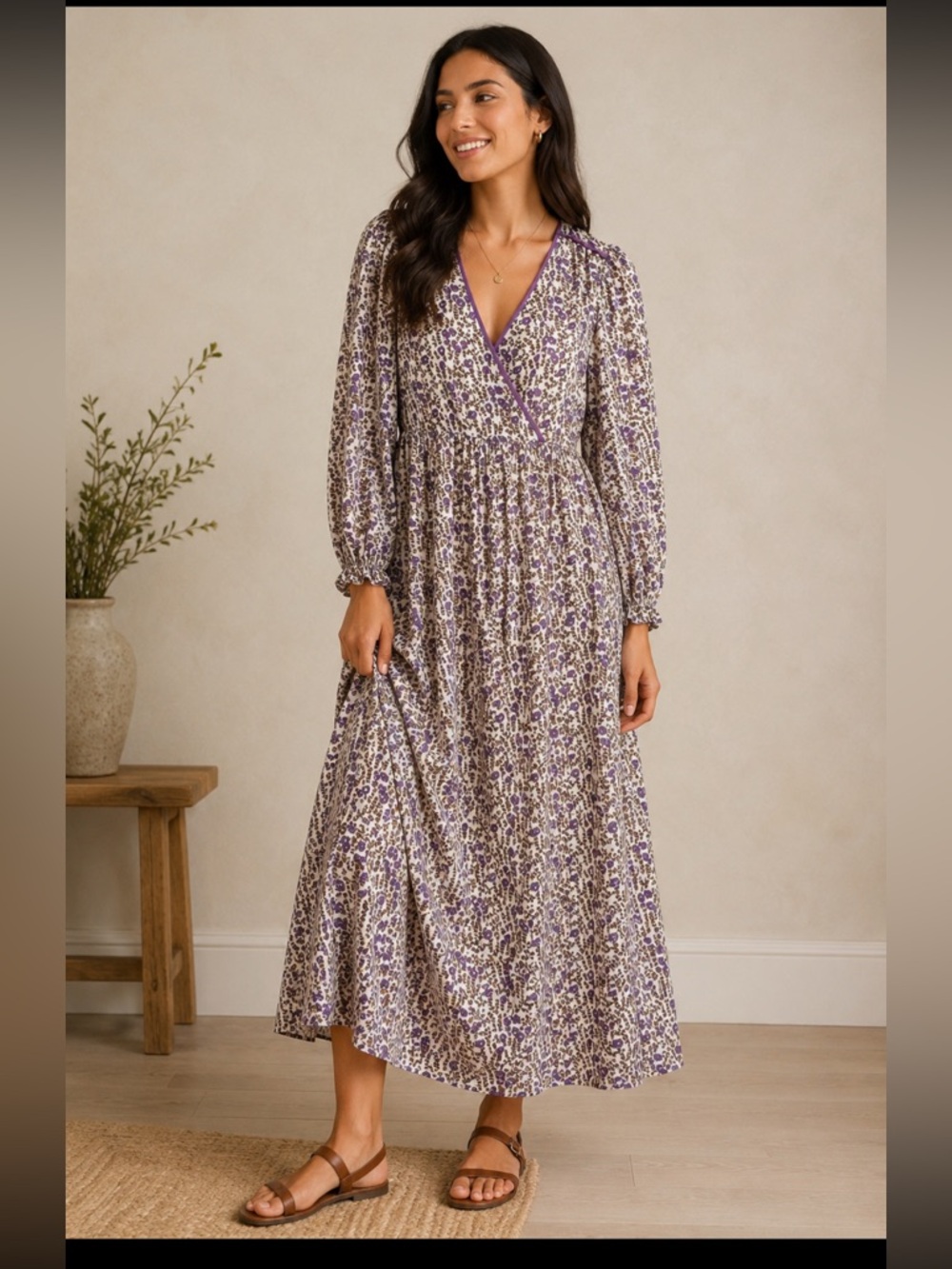Daughters of India Floral Cotton Maxi Dress Purple Large 100% Cotton